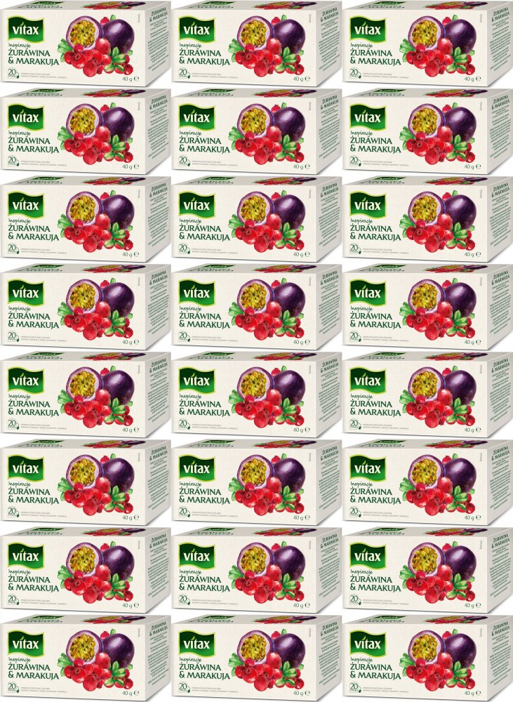 24x Herbata owocowa w torebkach Vitax Inspirations, żurawina i marakuja, 20 sztuk x 2g