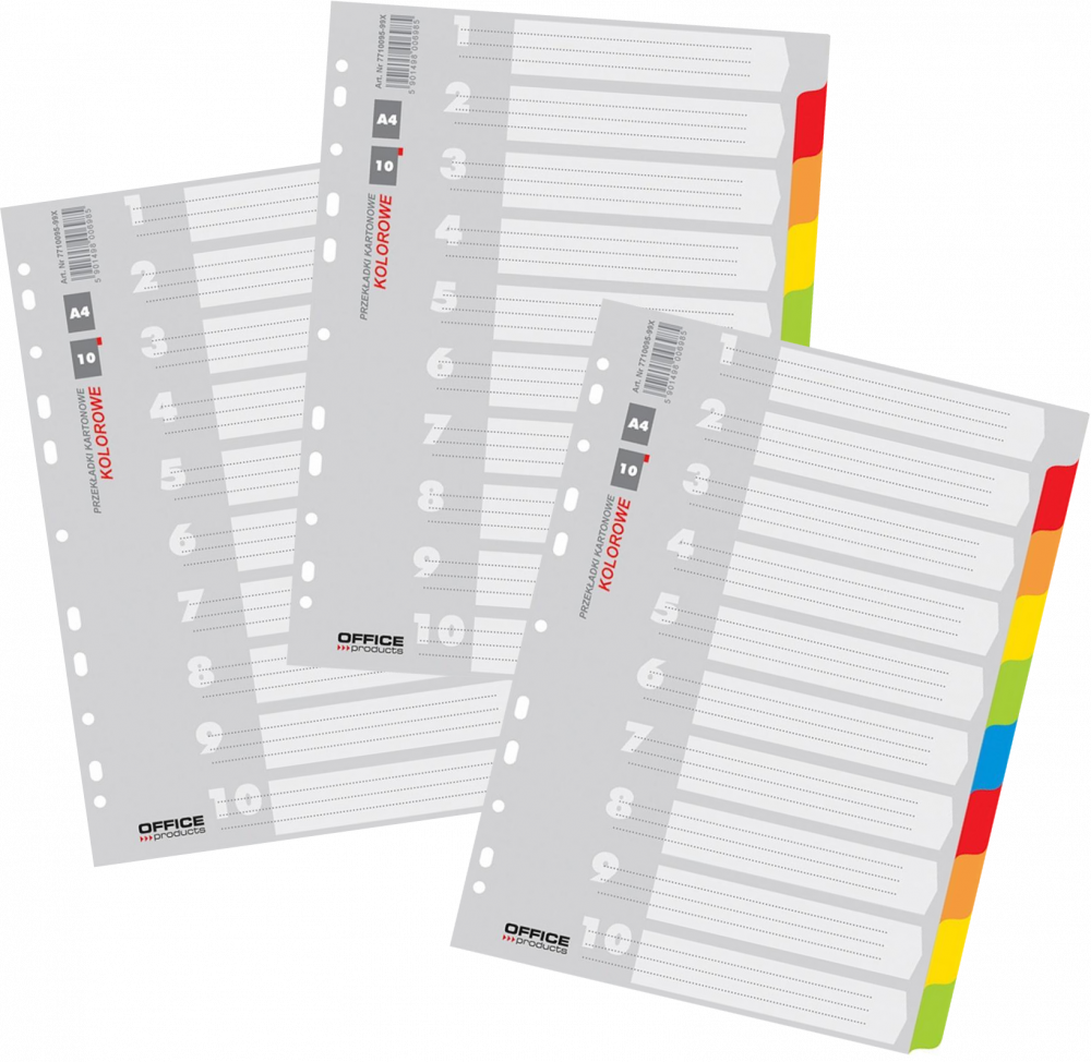3x Przekładki do segregatora Office Products, kartonowe, A4, 10 kart, mix kolorów