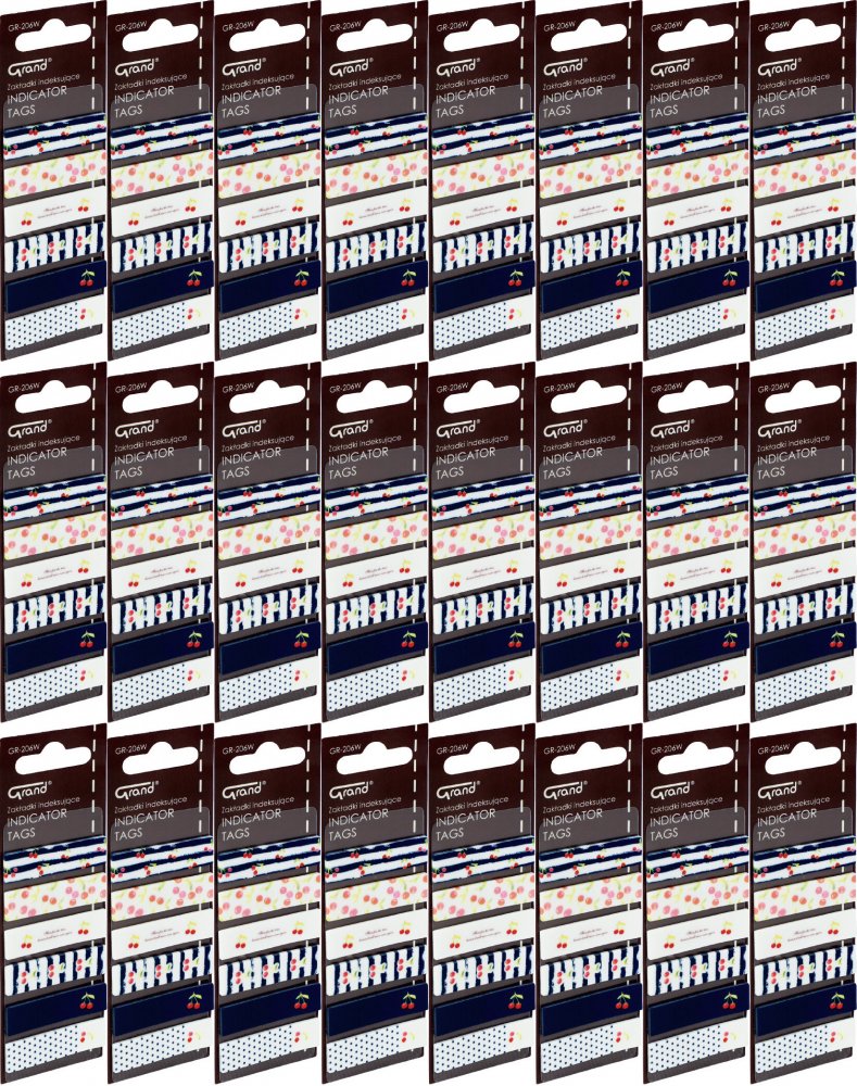 24x Zakładki samoprzylepne Grand GR-206W, proste (z nadrukiem wiśni), indeksujące, folia, 45x12mm, 6x20 sztuk, mix kolorów