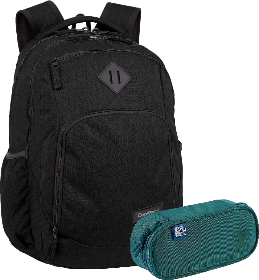 Zestaw: Plecak szkolny CoolPack Break Snow Black + Piórnik z klapką Oxford School, bez wyposażenia, 23.5x8.5x5cm, poliester, ciemnozielony