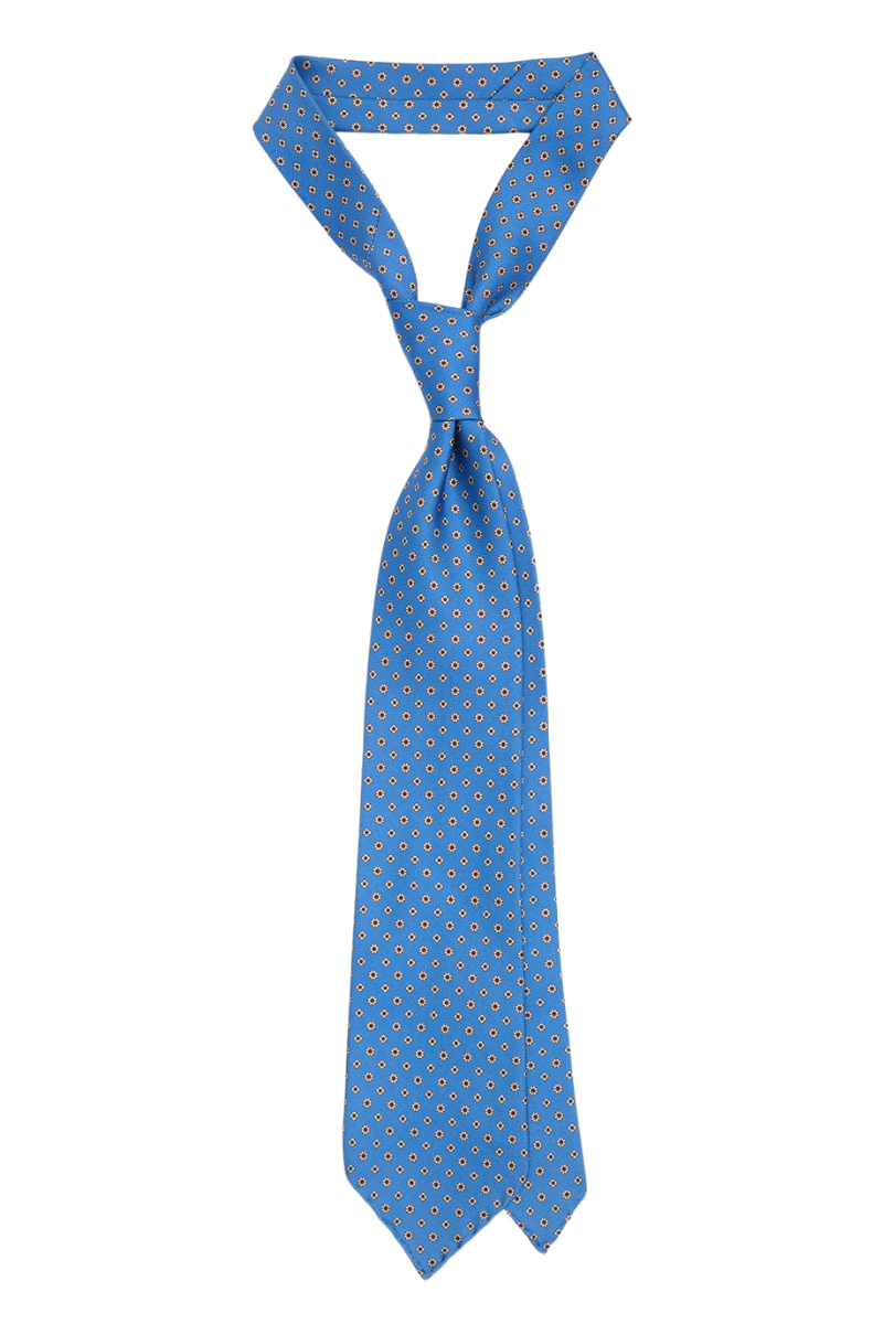 Krawat z jedwabiu, niebieski z biało - czerwonymi kwiatami