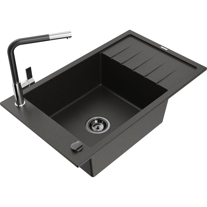 Zlewozmywak granitowy 1-komorowy Mexen Elias z ociekaczem i baterią kuchenną Flora czarny/złoty metalik 6511-75-670401-07-B