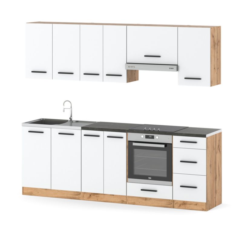 Zestaw Kuchenny Hurtownia-Mebli Z Blatem Kuchnia Mokka Plus 240cm Dąb Wotan Biały Mat 240x47x145 cm 1szt.