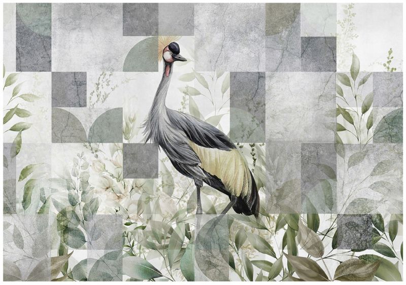 Fototapeta WALLARENA Do Sypialni Salonu Na Flizelinie Ptak Geometria Liście Szary 416x254 cm 16003VEXXXL 1 szt.