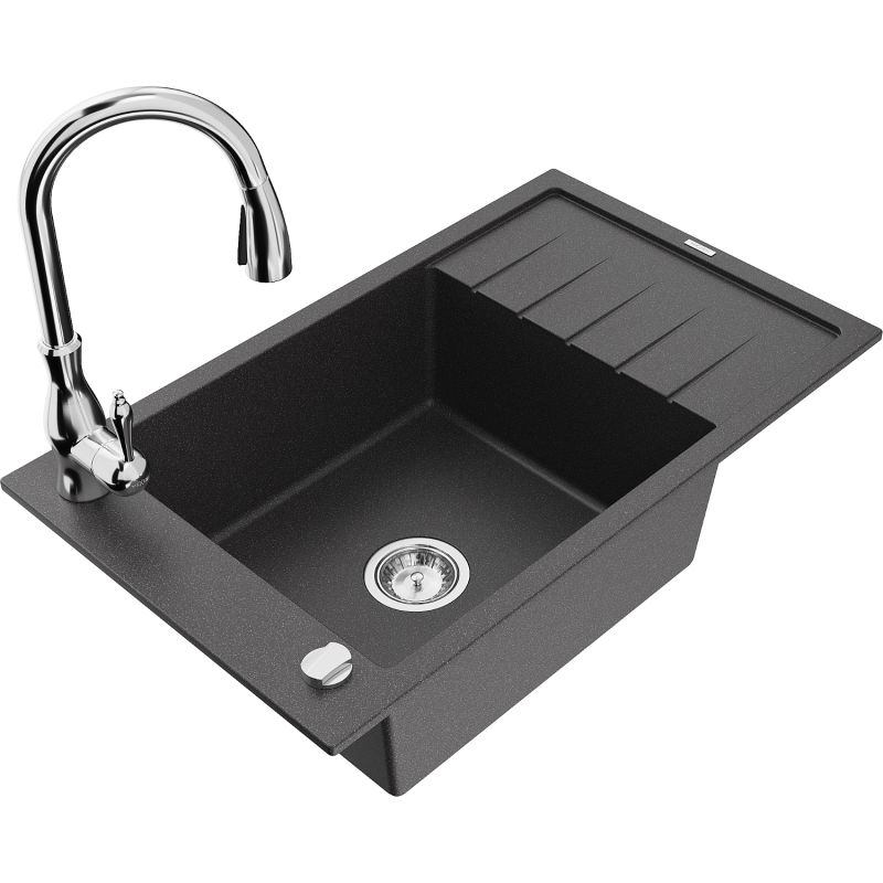 Zlewozmywak granitowy 1-komorowy Mexen Elias z ociekaczem i baterią kuchenną Savita czarny nakrapiany - 6511-76-672601-50 1 szt.