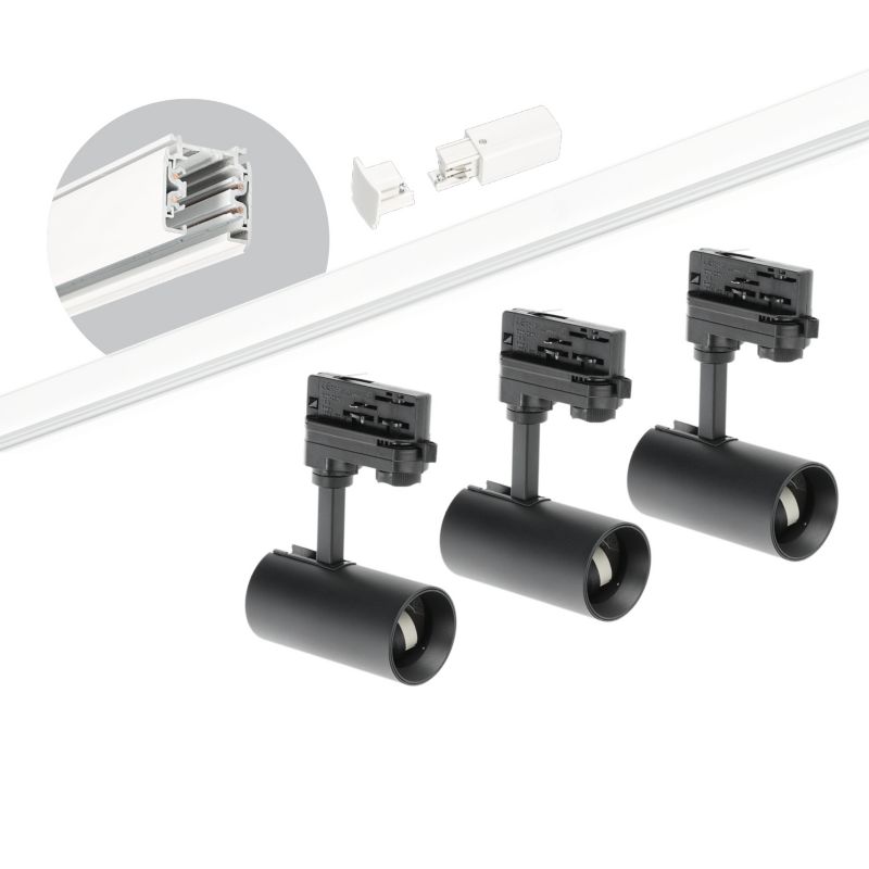 Zestaw szynowy 3 fazowy Kobi szyna biała 2m, 3x Lampa czarna 1kpl.