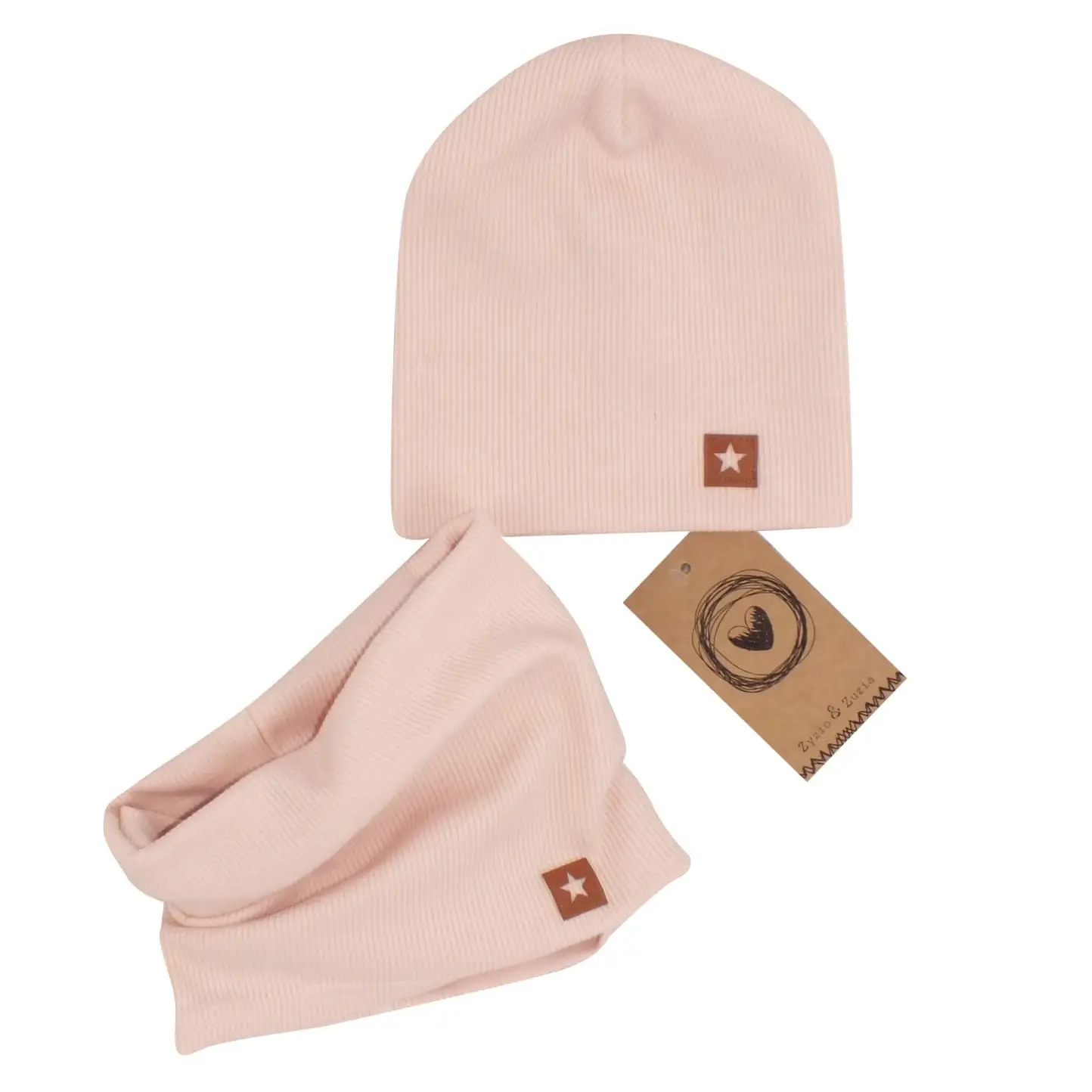 CZAPKA PODWÓJNA PRĄŻKOWANA NIEMOWLĘCA + TUBA BRUDNY RÓŻ ZZ - 56-62