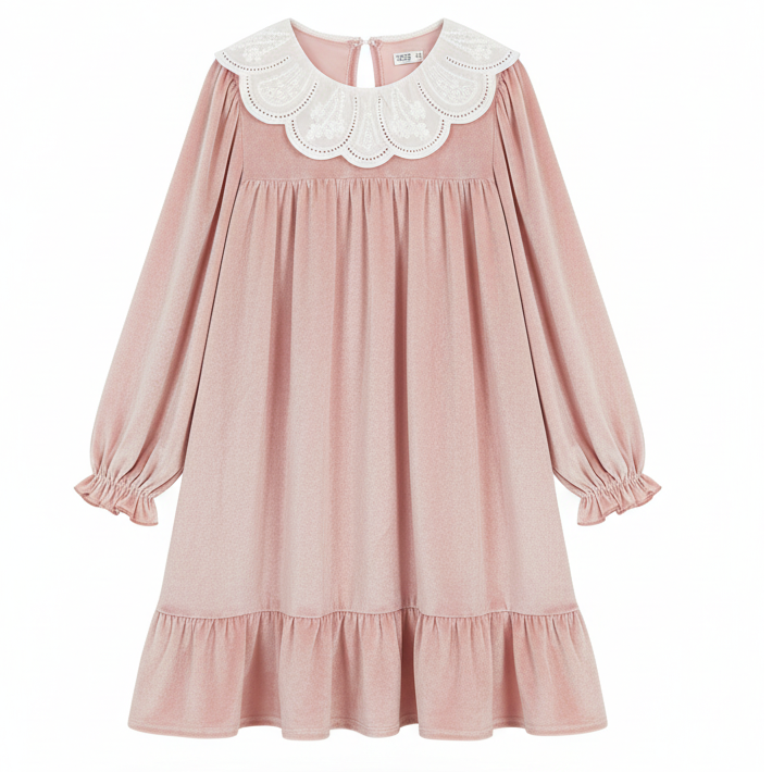 Sukienka świąteczna aksamit pudrowy róż kołnierzykiem haftowanym NS