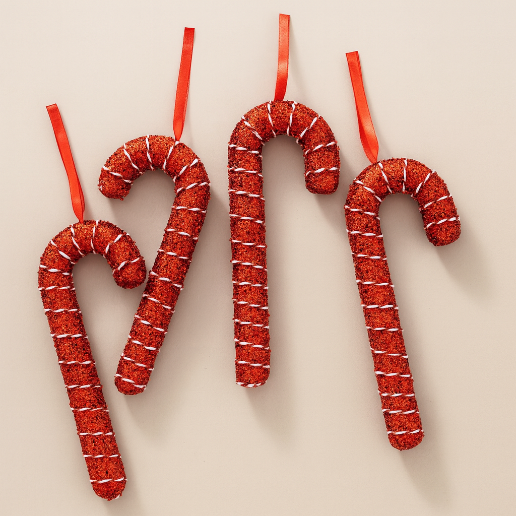 Zestaw 4 dekoracyjnych lasek cukrowych w kolorze czerwonym 34 cm – świąteczne ozdoby z połyskiem