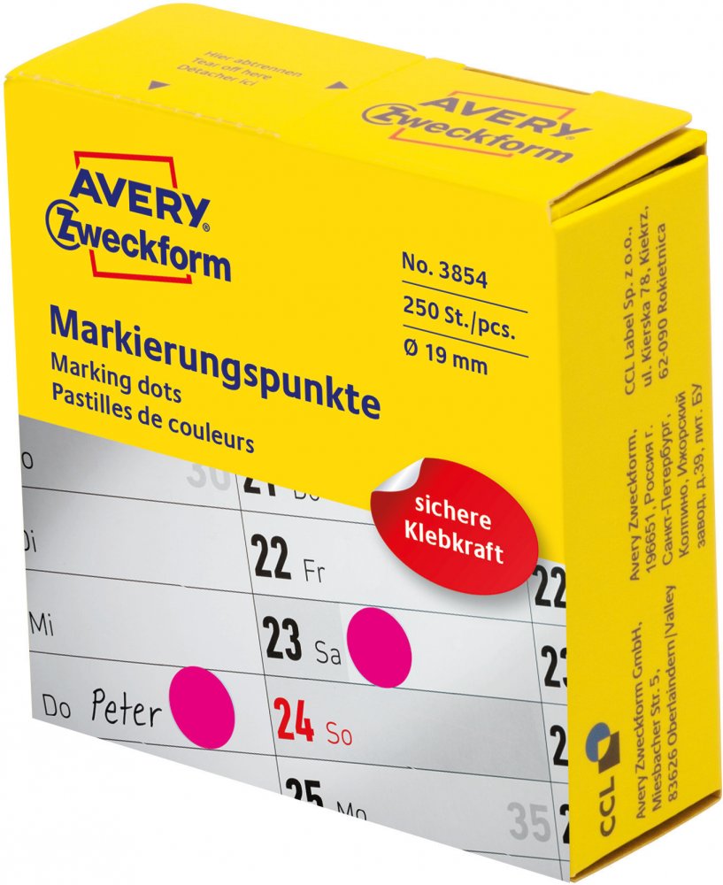 Etykiety Avery Zweckform, okrągłe, średnica 19mm, 250 sztuk, różowy