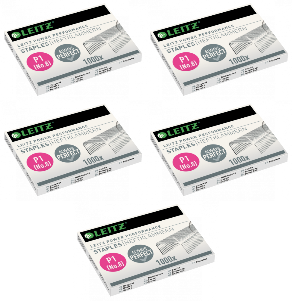 5x Zszywki Leitz Power Performance nr 8, Strong, 1000 sztuk, srebrny