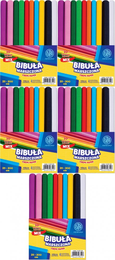 5x Bibuła marszczona Astra Astrapap, 200x25cm, 10 sztuk, mix kolorów