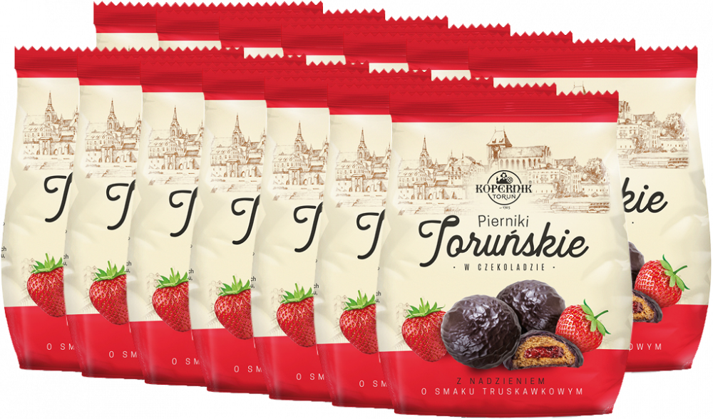 14x Pierniki Kopernik Serduszka Toruńskie, truskawkowy, w czekoladzie, 150g