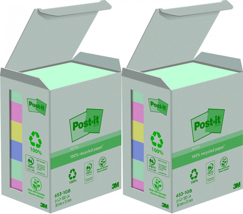 2x Ekologiczne karteczki samoprzylepne Post-it, kolekcja NATURE, pastelowe, 38x51mm, 6x100 karteczek, mix kolorów