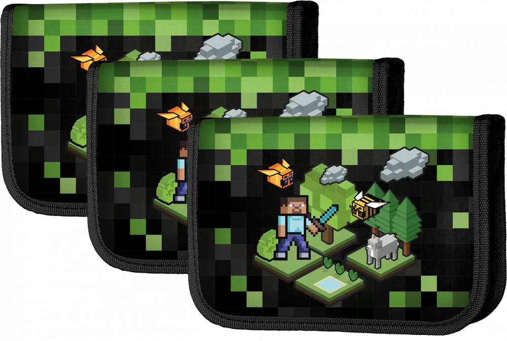 3x Piórnik 1-komorowy Paso Game, dwuklapkowy, 19.5x13x3.5cm, z wyposażeniem, czarno-zielony