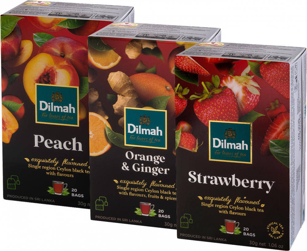 Zestaw 3x Herbata czarna aromatyzowana w torebkach Dilmah 1x truskawka, 1x brzoskwinia, 1x Pomarańcza i Imbir