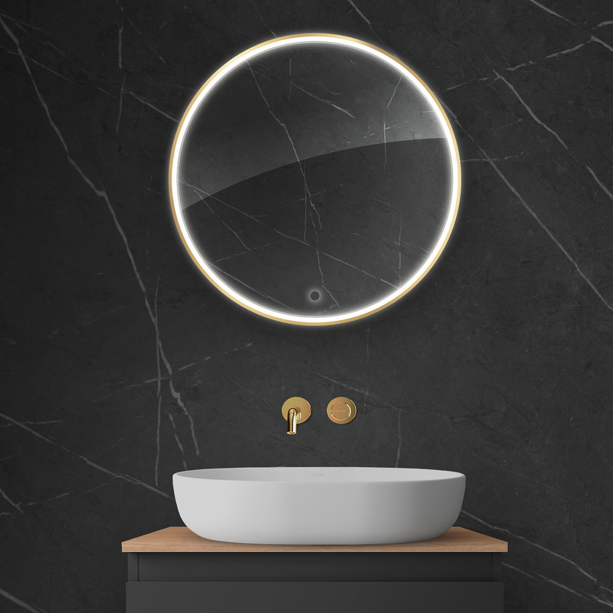 Oltens Nordlis lustro 60x60 cm okrągłe z oświetleniem z przodu z matą grzewczą złoty 64100800 - Wysyłka w 24h