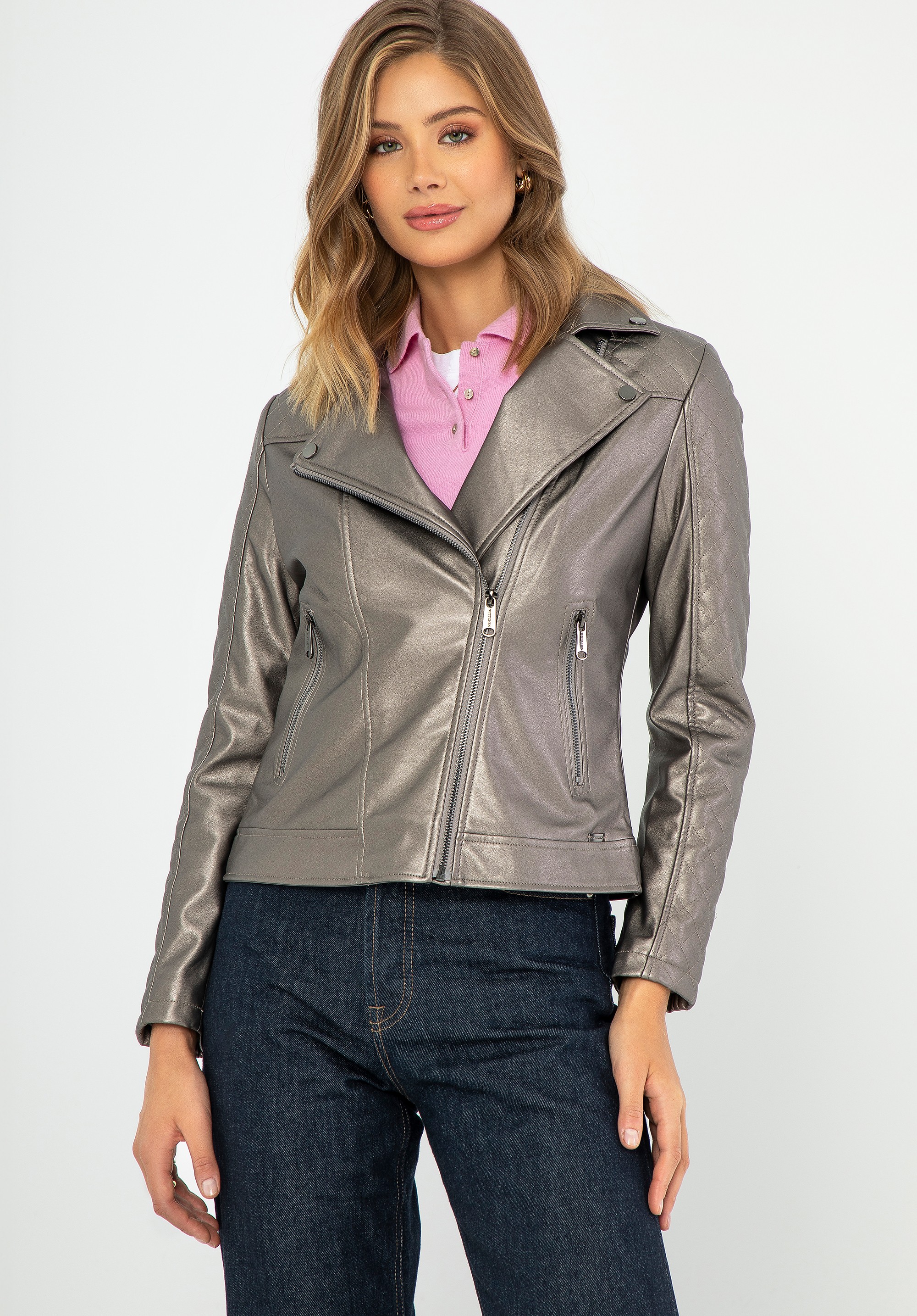 Damska ramoneska ze skóry ekologicznej metaliczny brąz