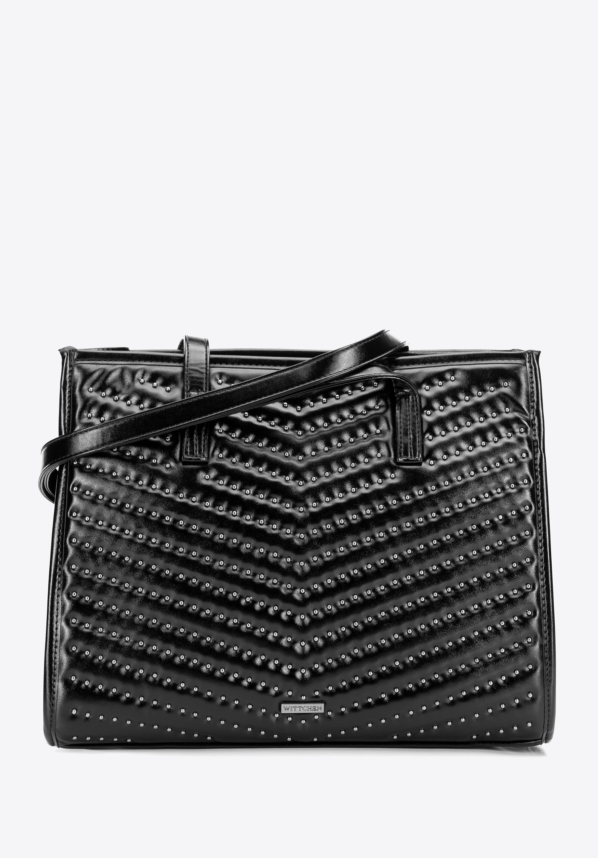 Damska shopperka z imitacji skóry z dżetami czarno - grafitowa