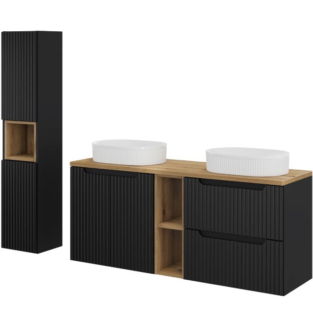 COMAD Zestaw mebli NOVA BLACK 3 szafki z blatem OAK 140 cm, 2 umywalk