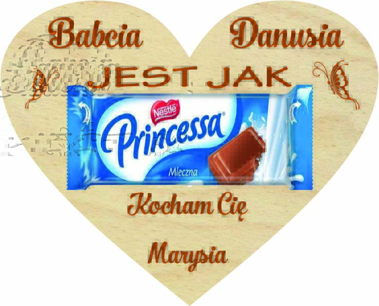 Tabliczna na słodycze prezent dla Babci, drewniana kartka Serce z życzeniami, Imię, napis, grawer
