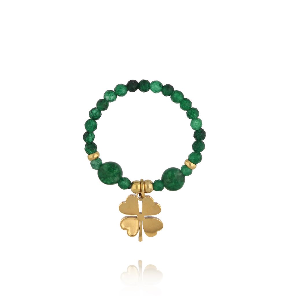 Pierścionek z zielonymi agatami i koniczynką - By Dziubeka