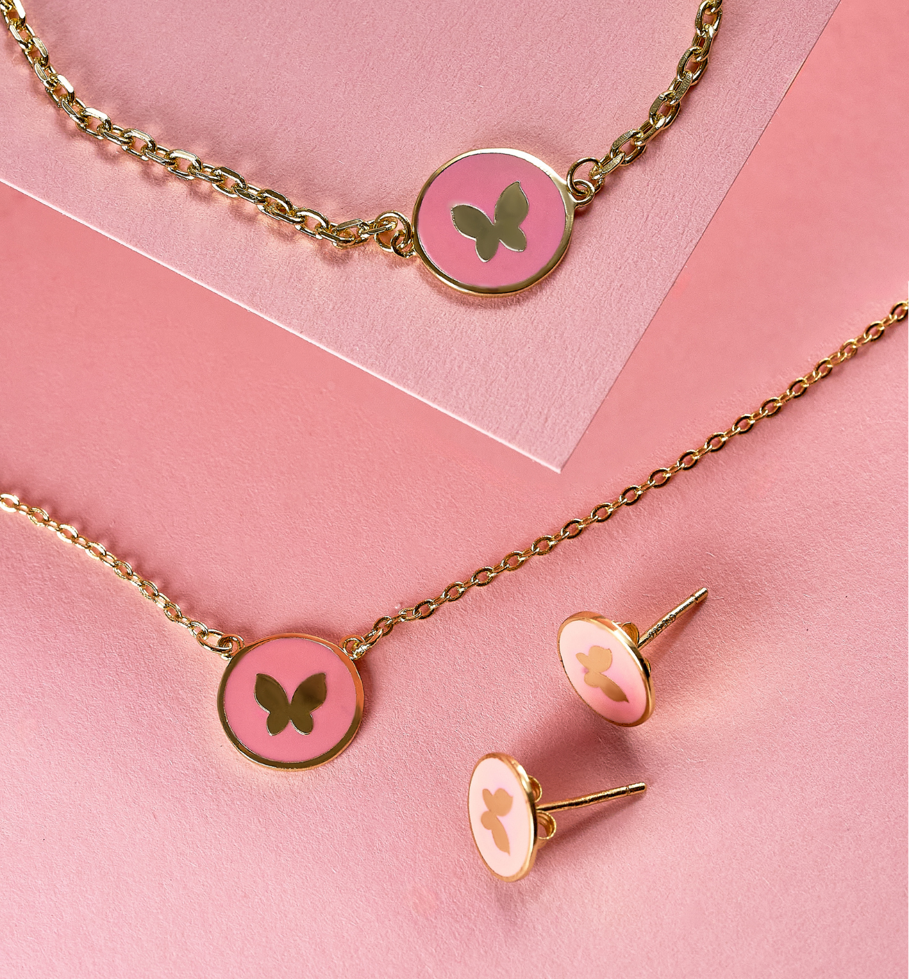Zestaw złoty z motylkiem i różową emalią Candyland ZCA0002 - By Dziubeka