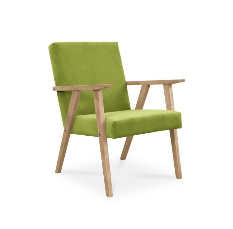 Fotel tapicerowany Bettso Lisek - prl w tkaninie kronos na bukowej nodze oliwkowy 1szt.