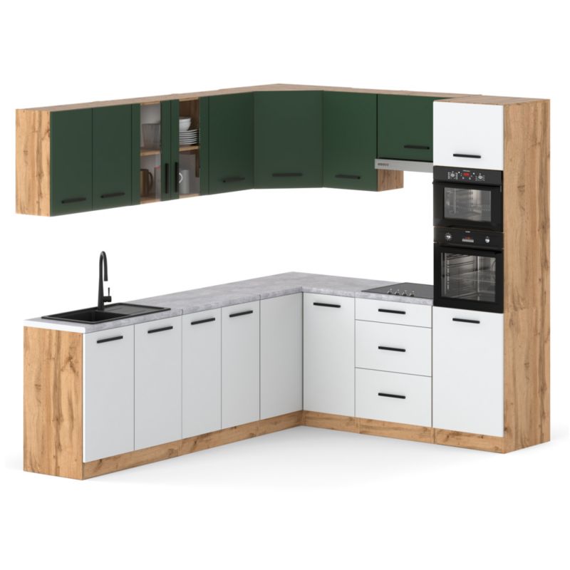 Zestaw Kuchenny Hurtownia-Mebli Z Blatem Kuchnia Marra Narozna 460cm Dąb Wotan Butelkowa Zieleń/Biały Mat 460x47x145 cm 1szt.