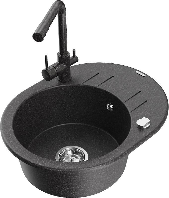 Zlewozmywak granitowy Mexen Kevin 1-komorowy z ociekaczem i baterią kuchenną Duero czarny/złoty - 6517-75-671600-70-B 1 szt.