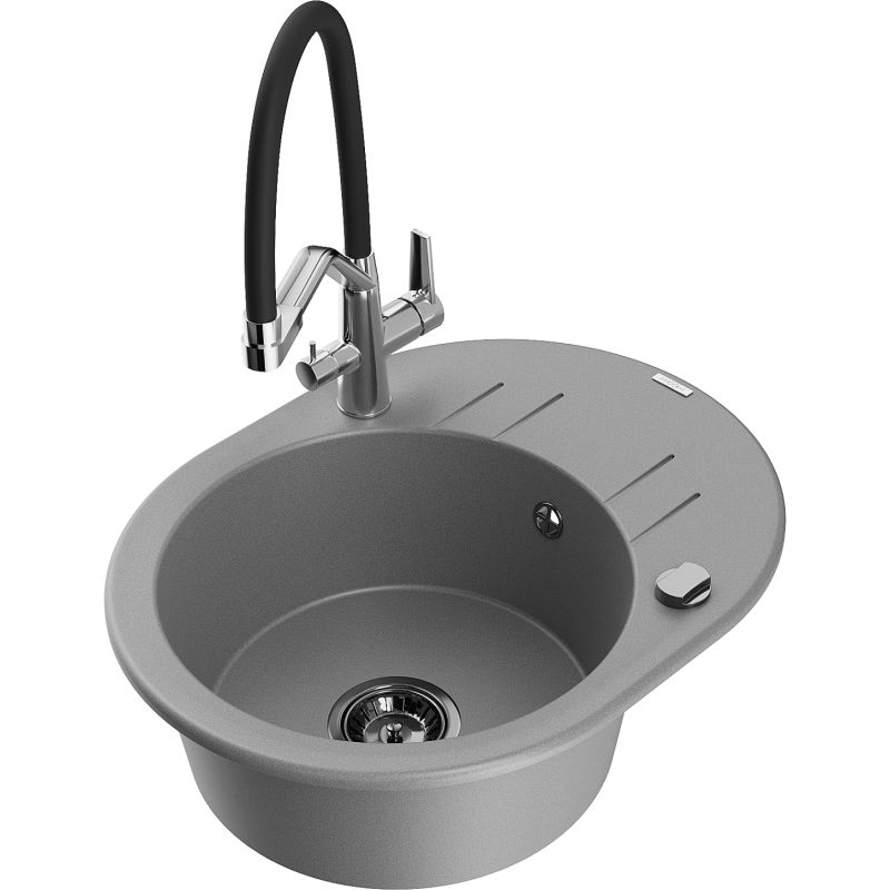 Zlewozmywak granitowy 1-komorowy Mexen Kevin z baterią kuchenną Duo szary 6517-71-671701-07-B