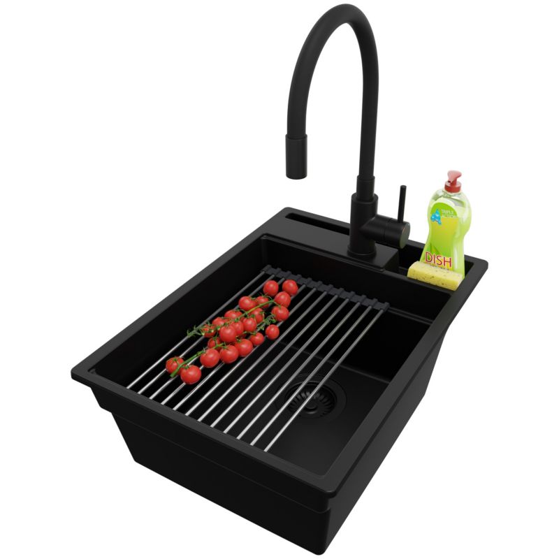 Zlewozmywak Granitowy Oslo Pocket PRIMAGRAN Nablatowy 38x53cm do szafki od 40cm z Syfonem i Baterią i Dodatkiem Cały Czarny 1 szt.