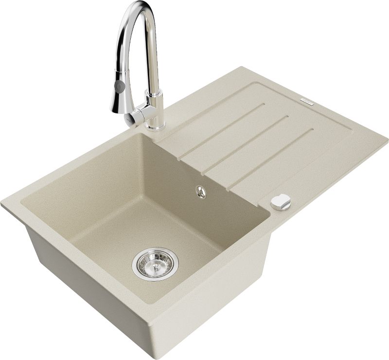 Zlewozmywak granitowy Mexen Bruno 1-komorowy z ociekaczem i baterią kuchenną Flora beżowy - 6513-69-670401-70-B 1 szt.