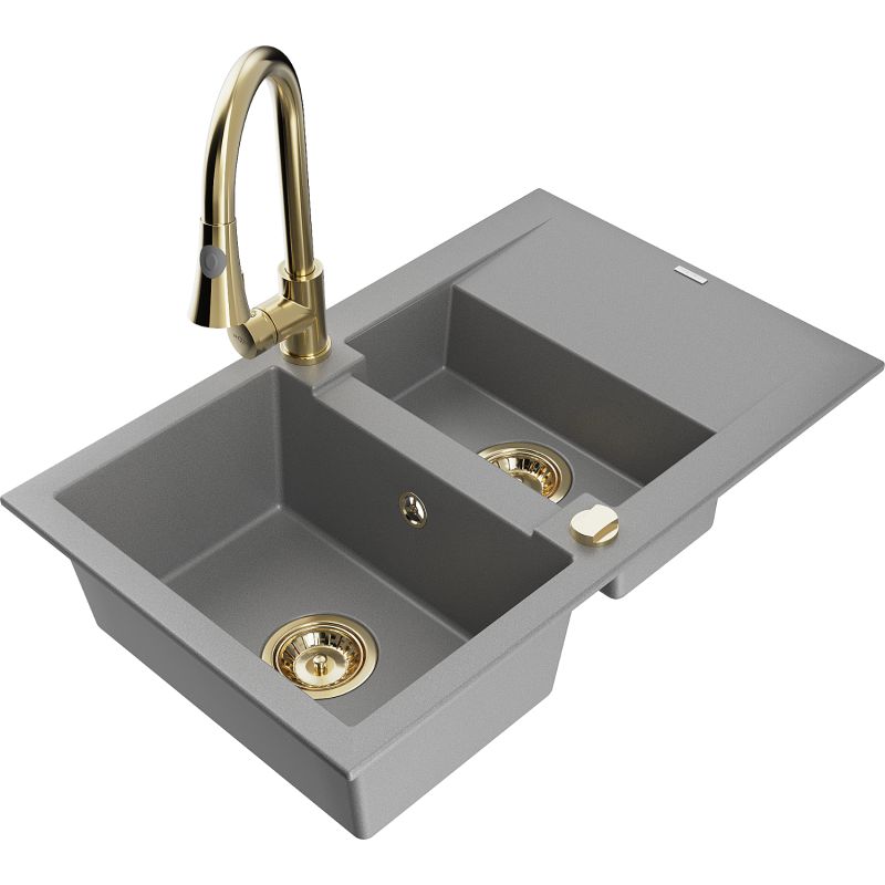 Zlewozmywak granitowy 1.5-komorowy Mexen Gaspar z ociekaczem i baterią kuchenną Elia szary 6507-71-670101-50
