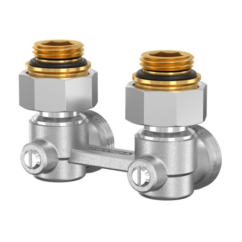 Dwururowy blok kurków do grzejników z gwintami zewnętrznymi 1/2"3/4"