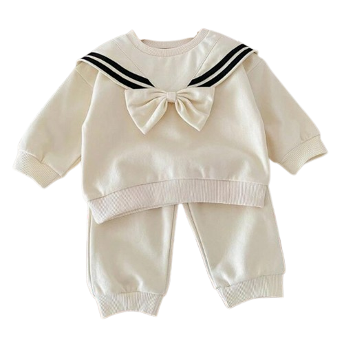 Dres niemowlęcy 2 częściowy z kołnierzykiem w paski i kokardką SN