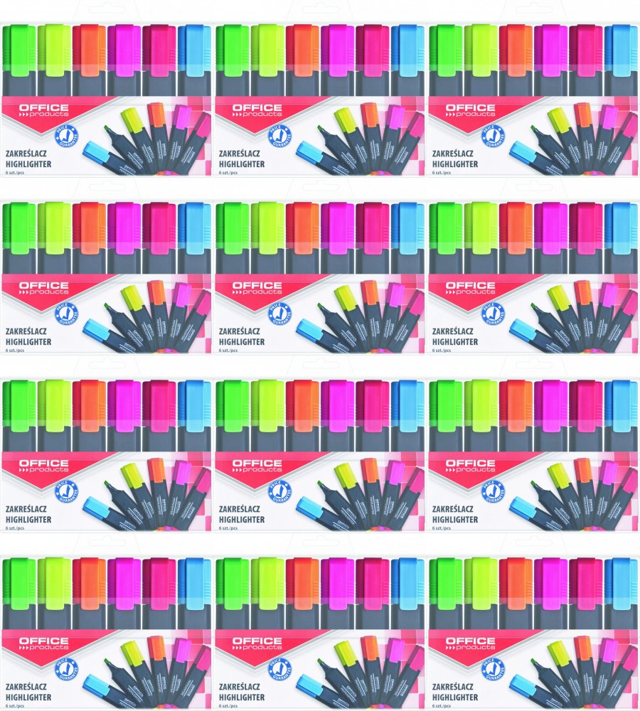 12x Zakreślacz Office Products, ścięta, 6 sztuk, mix kolorów fluorescencyjnych