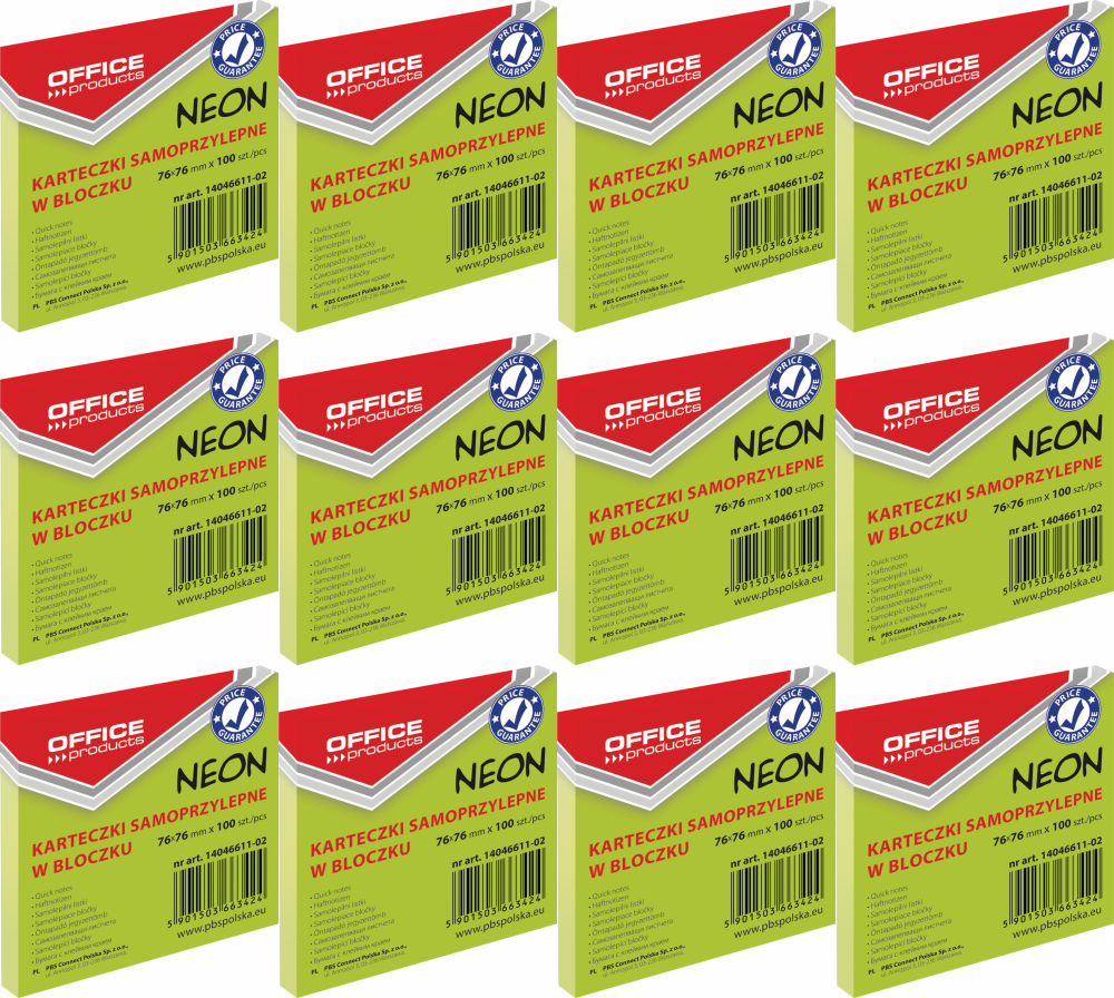 12x Karteczki samoprzylepne Office Products, 76x76mm, 100 karteczek, neonowy zielony