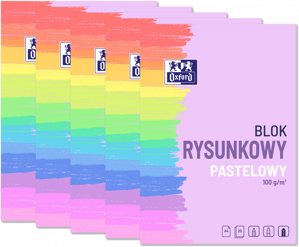 5x Blok rysunkowy pastelowy Oxford, A4, 10 kartek, kolorowy, 100g/m2
