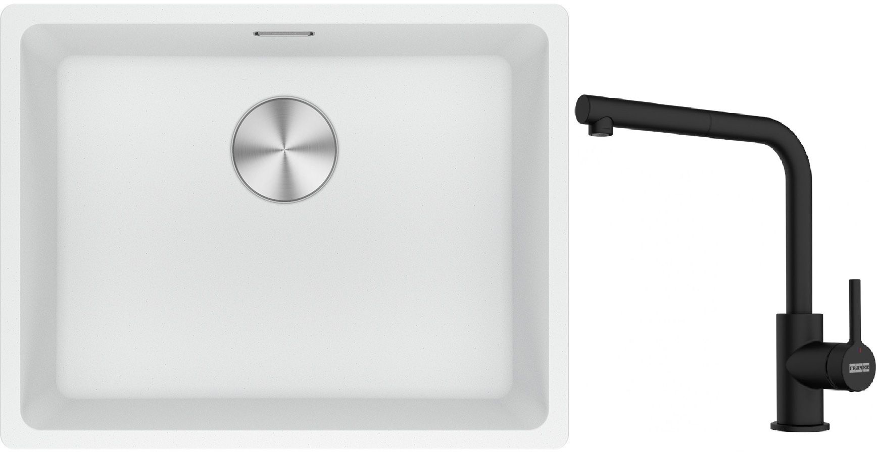 Franke Maris MRG 110-52 zlewozmywak 52x40 cm Fragranite biały polarny z baterią kuchenną Lina czarny mat (1250687255, 1150712435)