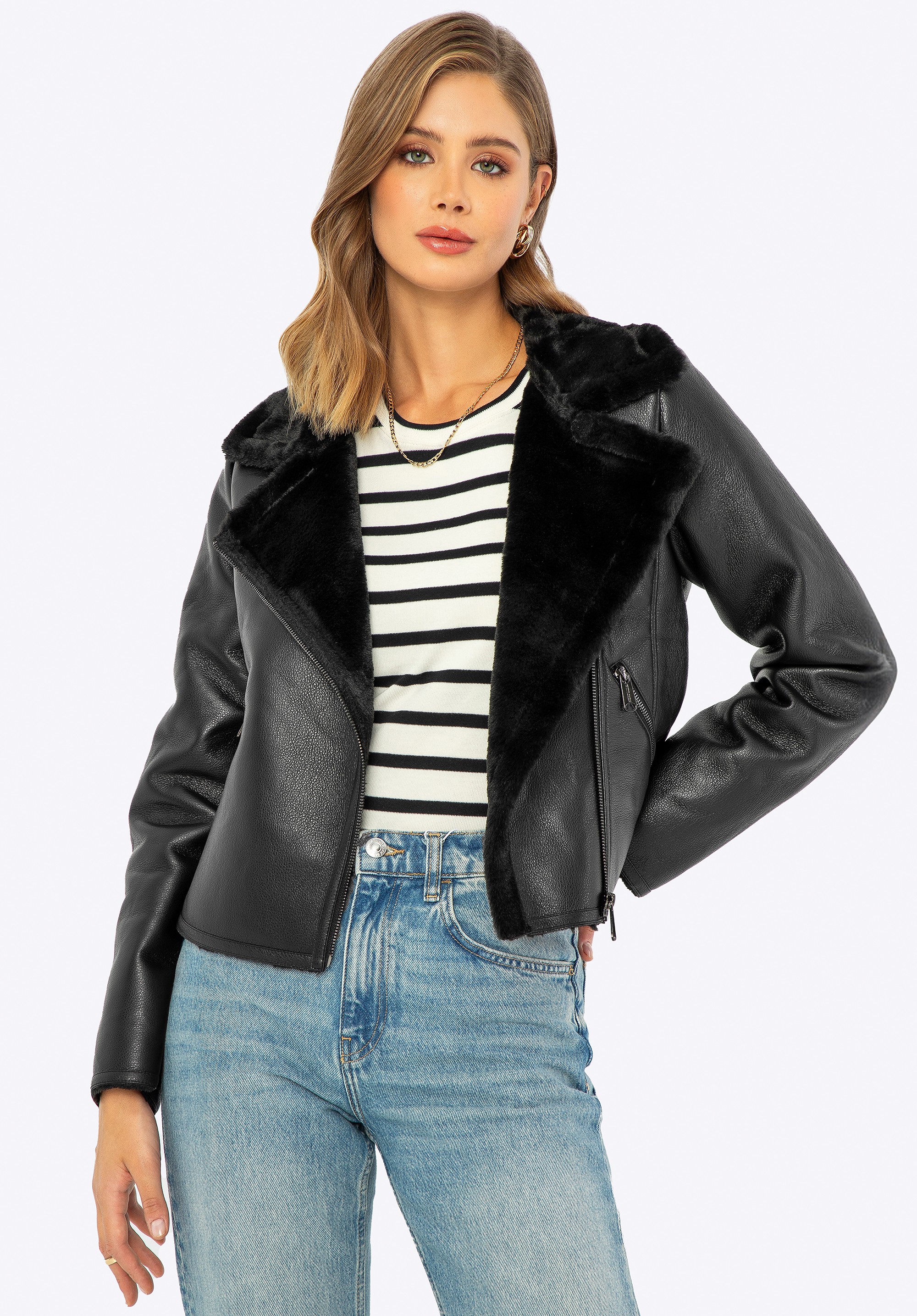 Damska ramoneska z ekoskóry futerkowa czarna