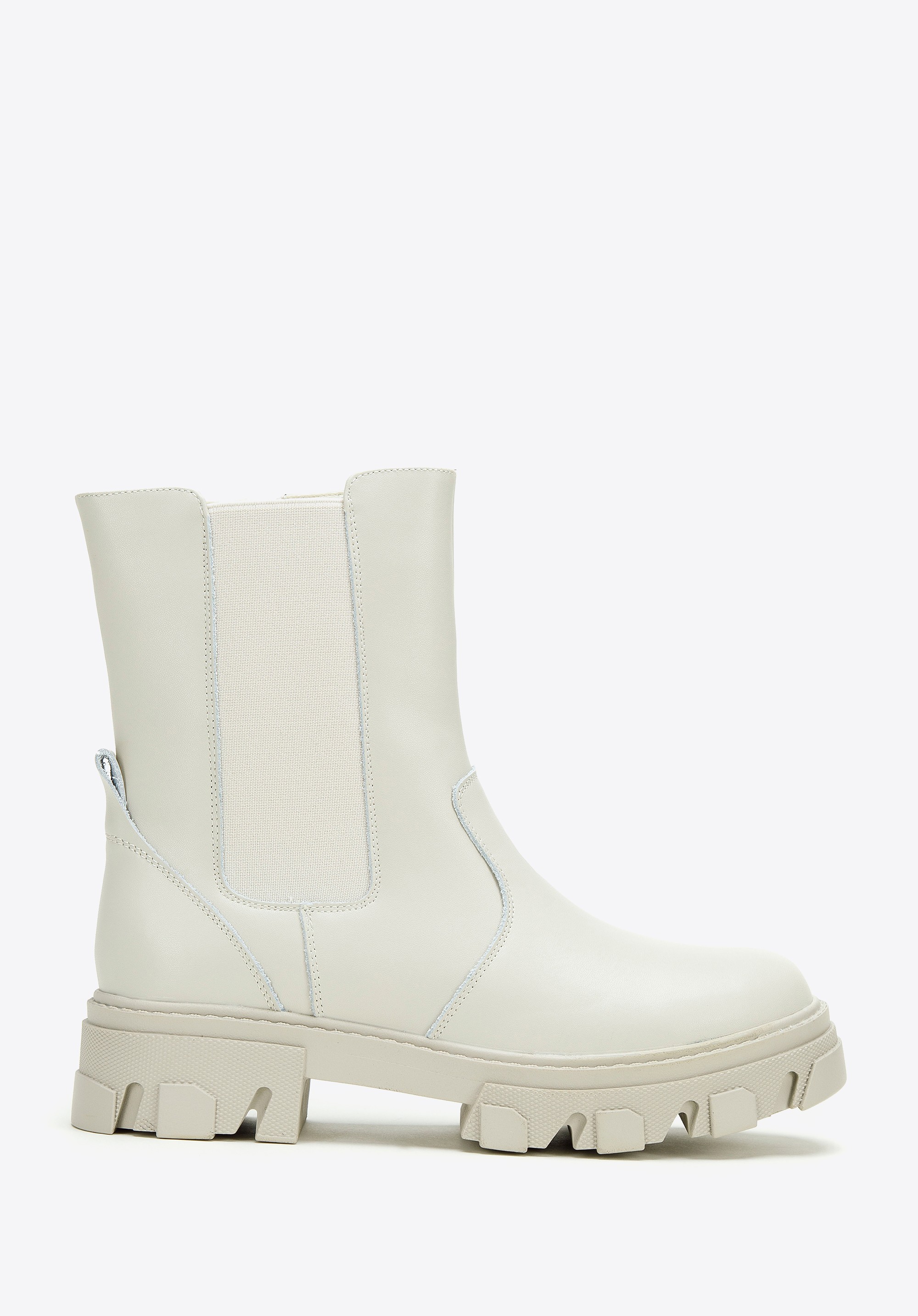 Damskie sztyblety skórzane na platformie szarobeżowe