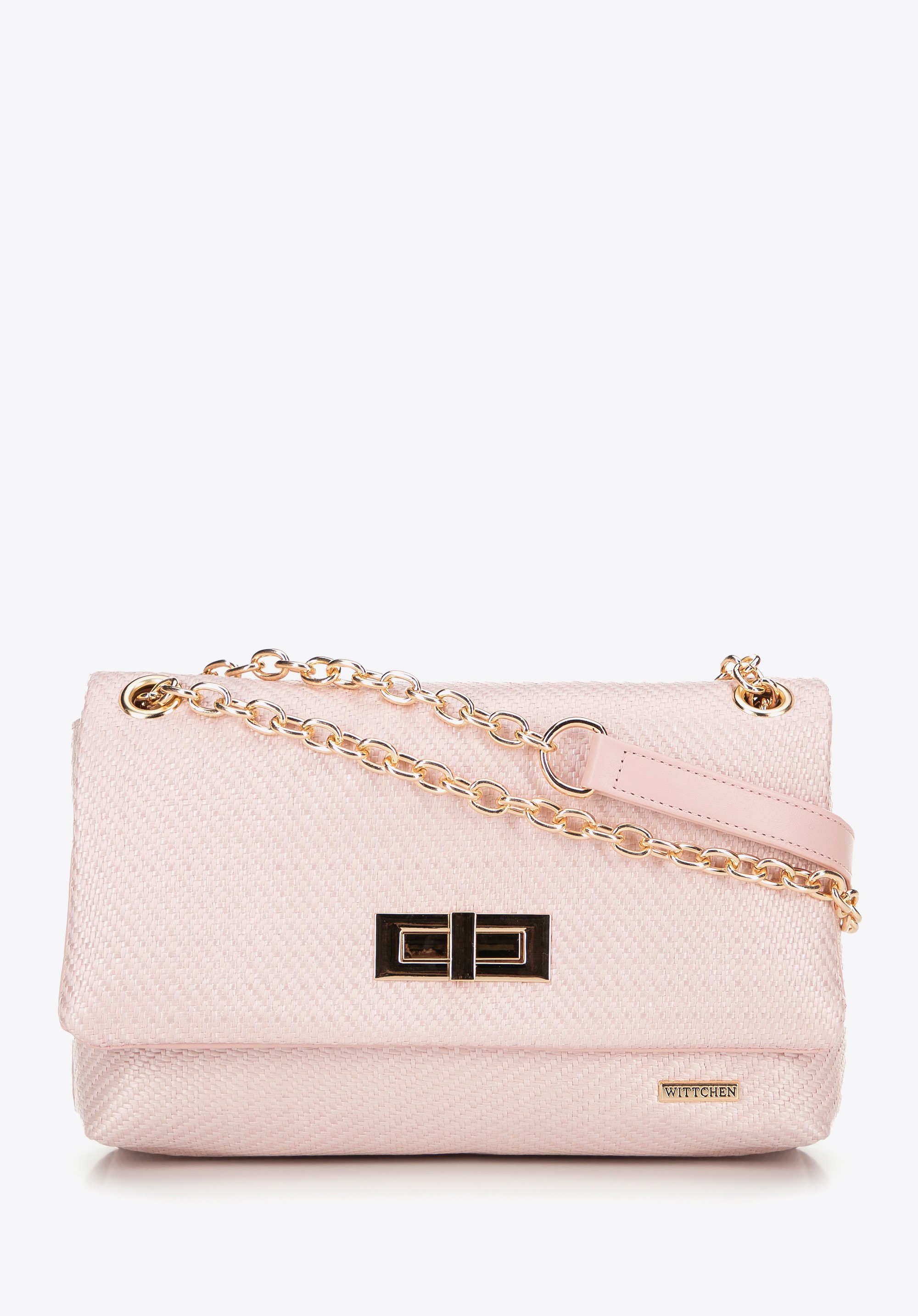 Damska crossbody z plecionki na łańcuszku różowa