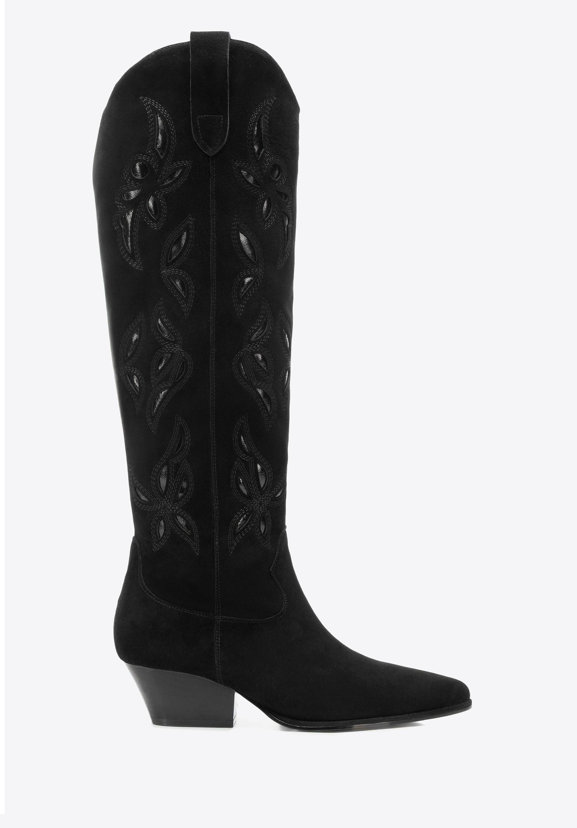 Długie damskie kowbojki ze skóry zamszowej z haftem czarne