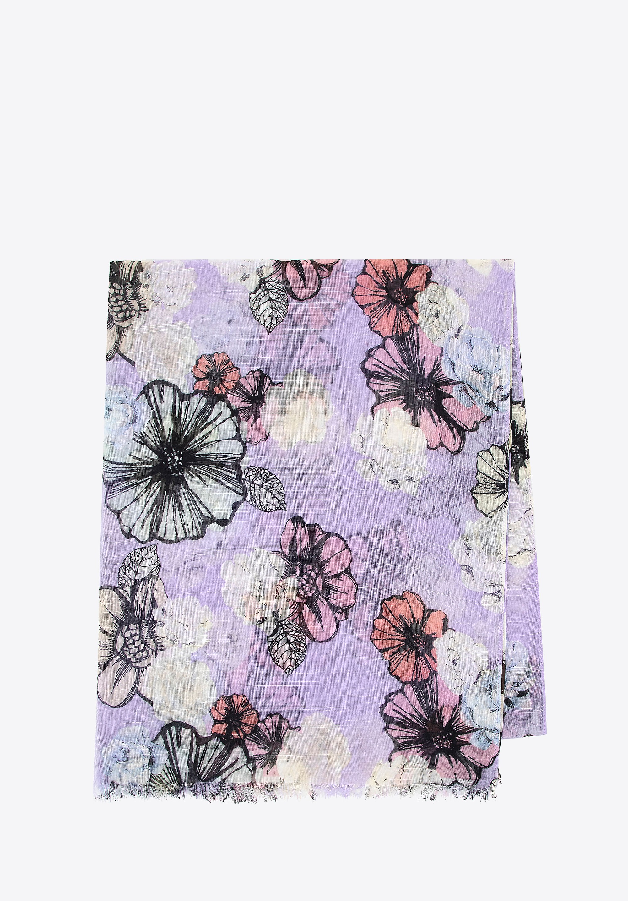 Damski delikatny szal w motyw kwiatowy kremowo - fioletowy