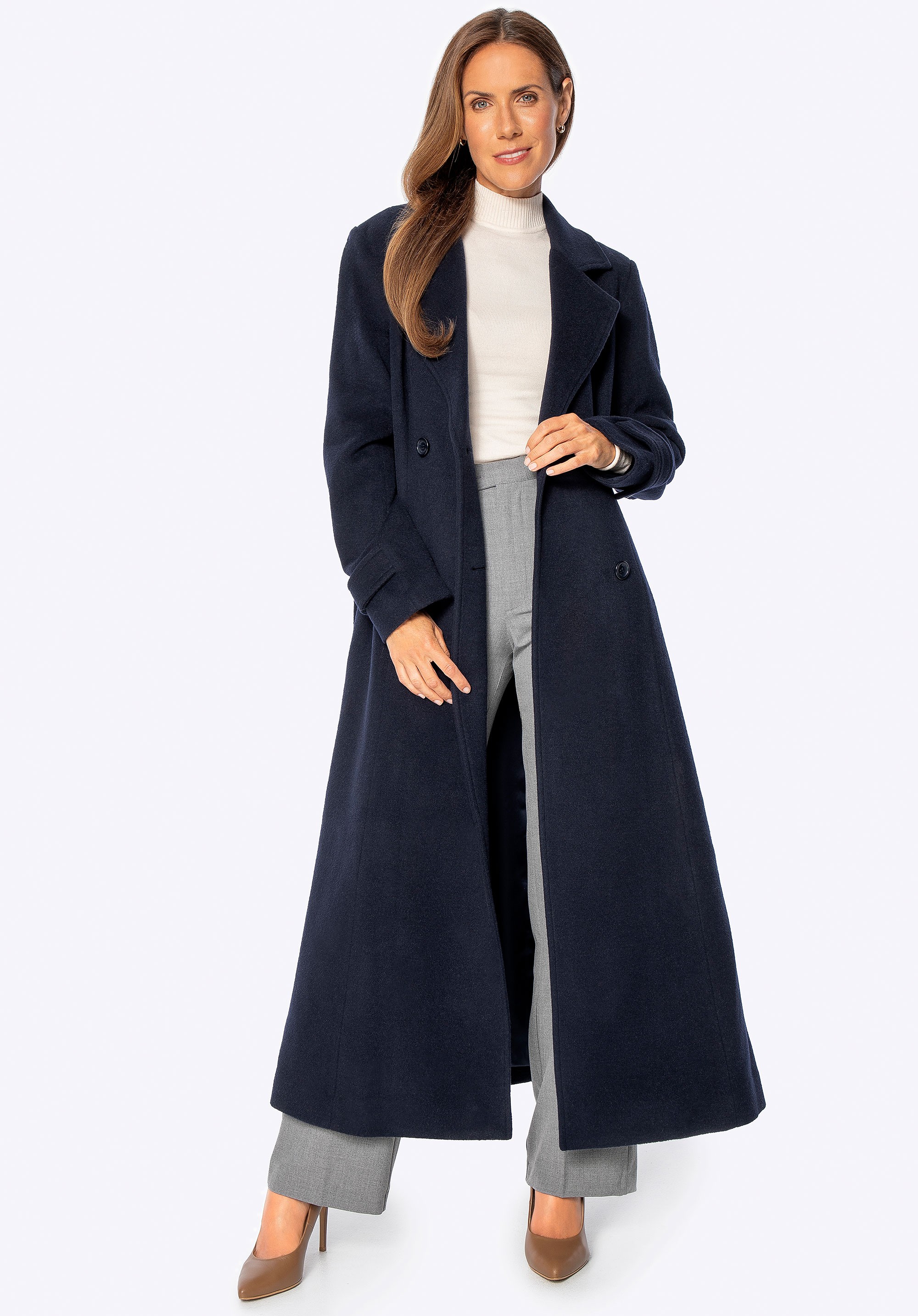 Damski płaszcz wełniany z domieszką kaszmiru granatowy