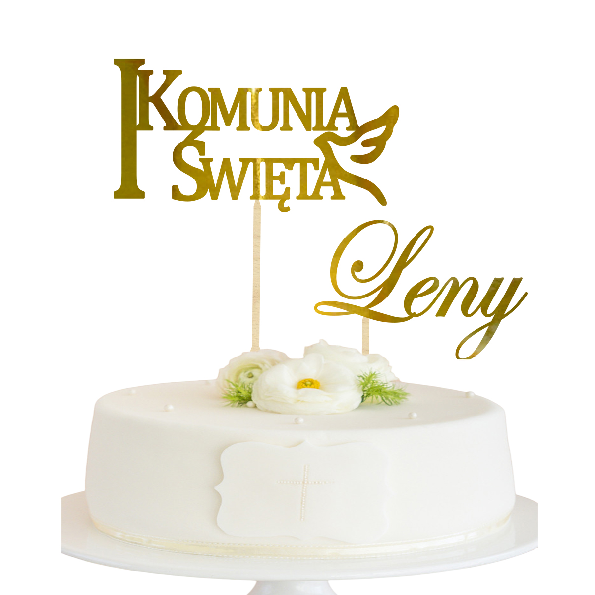 Topper na Komunię Świętą na bok tortu piker z imieniem złoty lustrzane złoto gołąbek