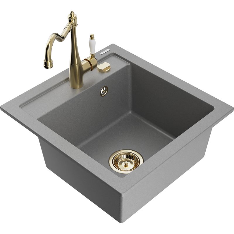 Zlewozmywak granitowy 1-komorowy Mexen Vito z baterią kuchenną Carla szary 6503-71-670700-50