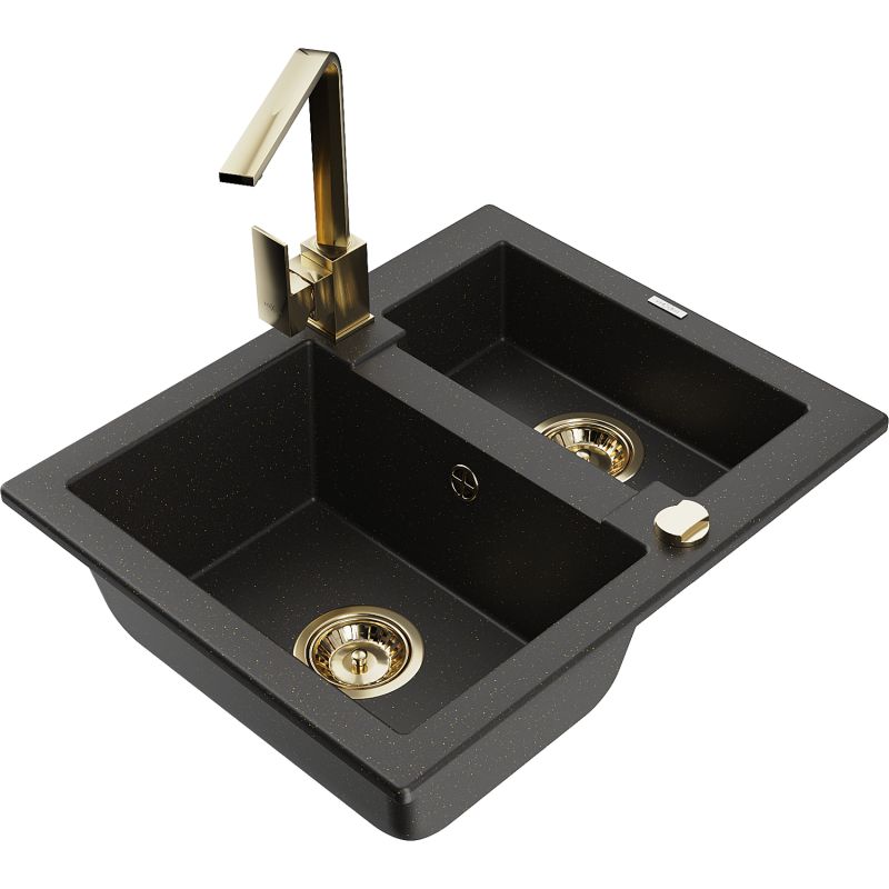 Zlewozmywak granitowy 1.5-komorowy Mexen Carlos z baterią kuchenną Rita czarny/złoty metalik 6518-75-670300-50