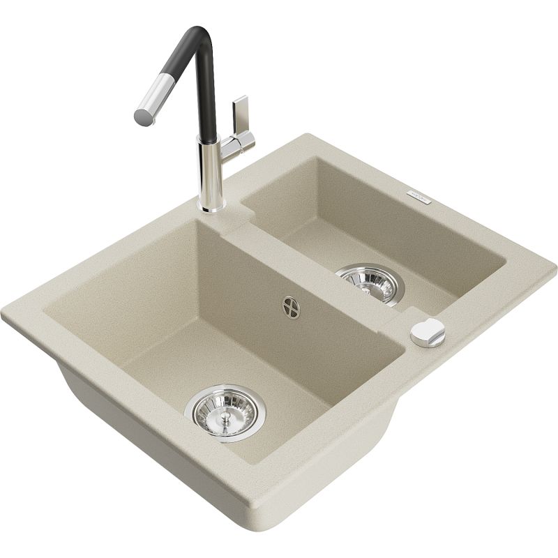 Zlewozmywak granitowy 1.5-komorowy Mexen Carlos z baterią kuchenną Flora beżowy 6518-69-670401-07